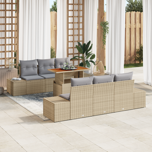 7-Delt Havemøbel Sæt Med Puder Beige Poly Rattan Akacia