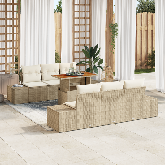 7-Delt Havemøbelsæt Med Puder Beige Poly Rattan Akacie