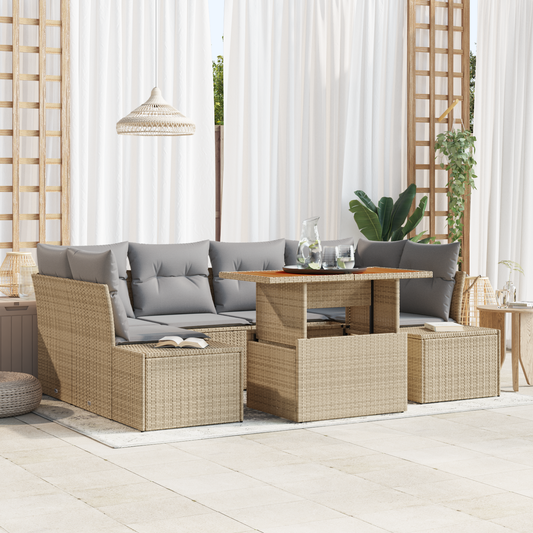 7-Delt Have Spisebordssæt Med Puder I Beige Poly Rattan Acacia