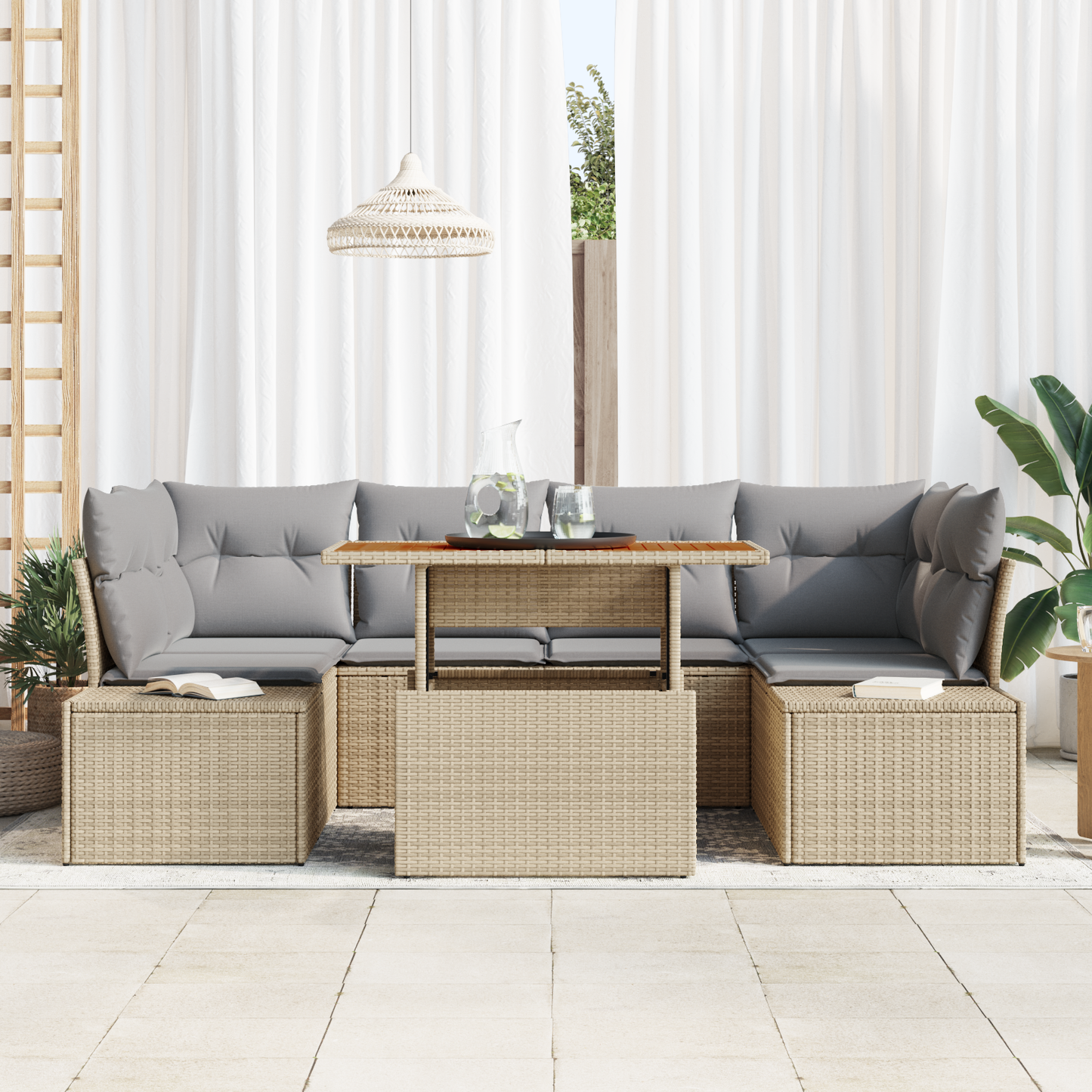 7-Delt Have Spisebordssæt Med Puder I Beige Poly Rattan Acacia