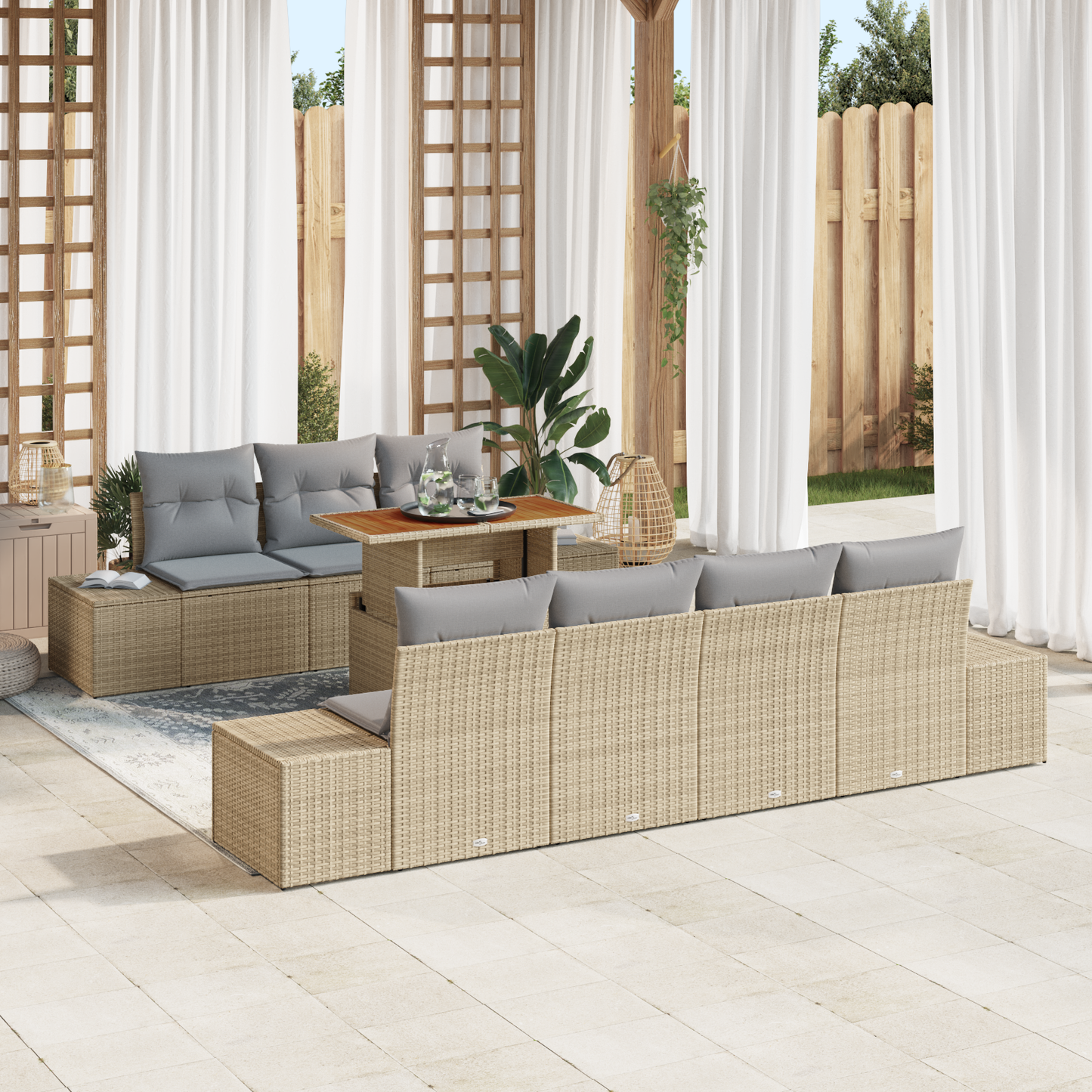 8-Delt Have Spisesæt Med Puder Beige Poly Rattan Akacietræ