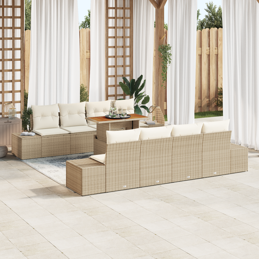 9 Delers Have Spisebordssæt Med Puder Beige Poly Rattan Akacie