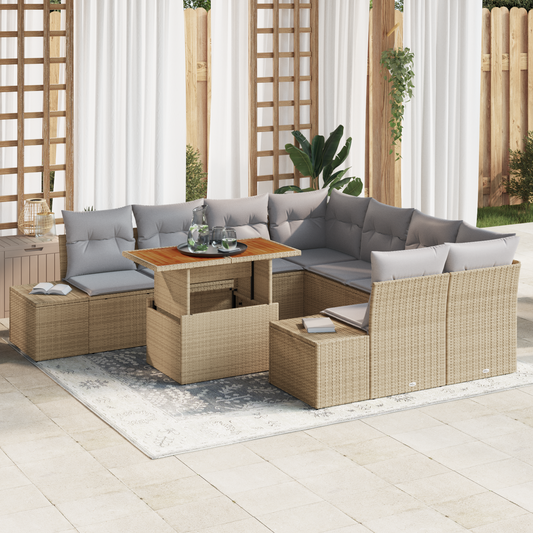 9-Delt Havemøbel Sæt Med Puder Beige Poly Rattan Akacie