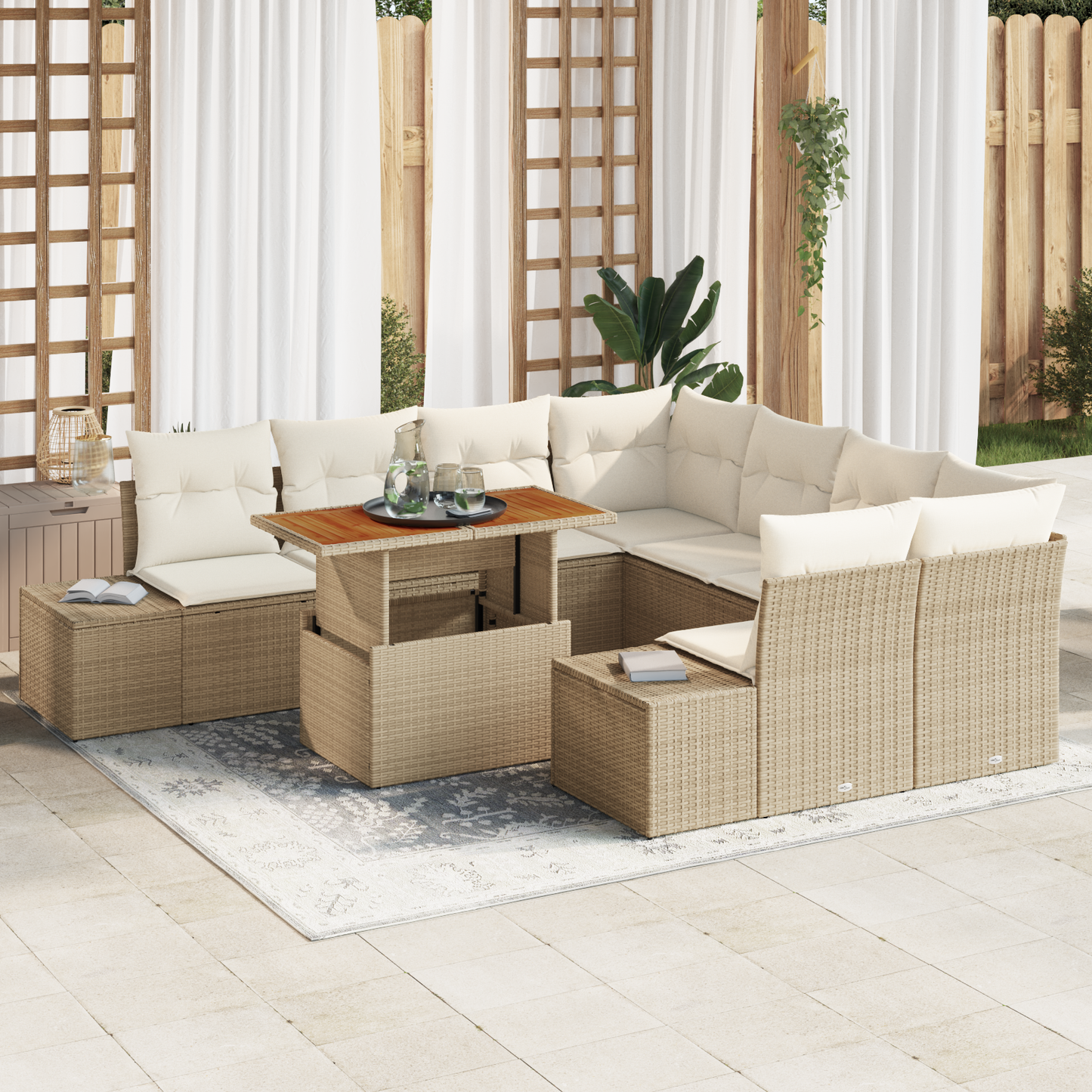 9-Delt Havemøbelsæt Med Puder Beige Poly Rattan Akacie