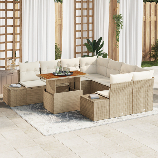 9-Delt Havemøbelsæt Med Puder Beige Poly Rattan Akacie