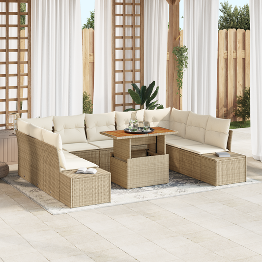 10 Stykker Have Spisesæt Med Hynder Beige Poly Rattan Akacietræ