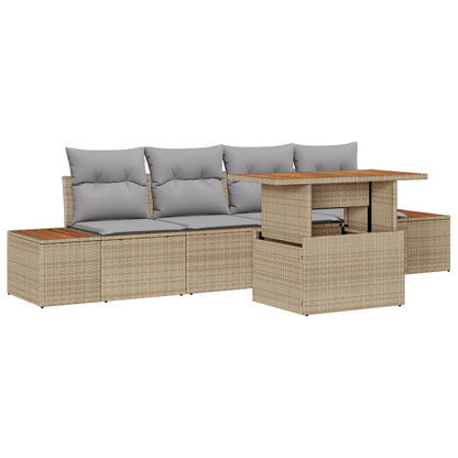 5-Delt Have Spisebordssæt Med Hynder Beige Poly Rattan Akacie