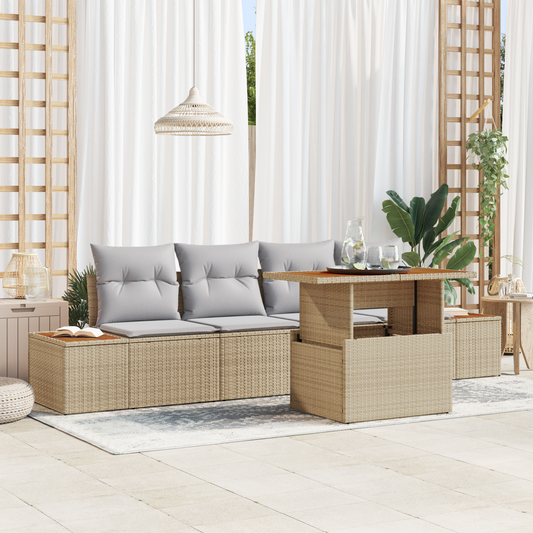 5-Delt Have Spisebordssæt Med Hynder Beige Poly Rattan Akacie