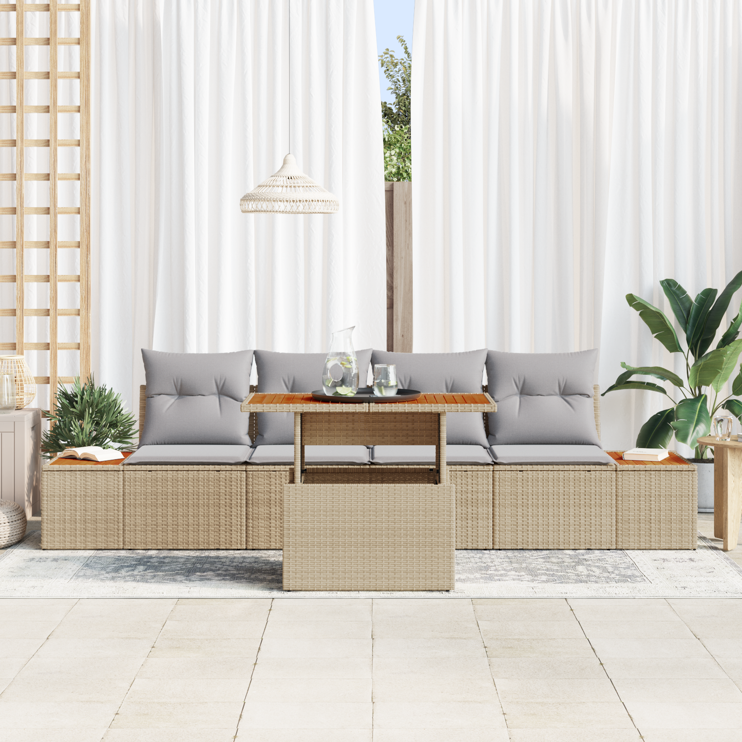 5-Delt Have Spisebordssæt Med Hynder Beige Poly Rattan Akacie