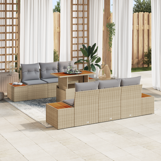 7 Delers Havemøbel Sæts Med Puder Beige Poly Rattan Akacie