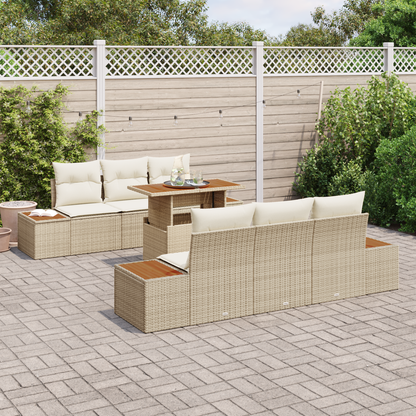 7 Delers Have Spisebord Sæt Med Hynder Beige Poly Rattan Akacie