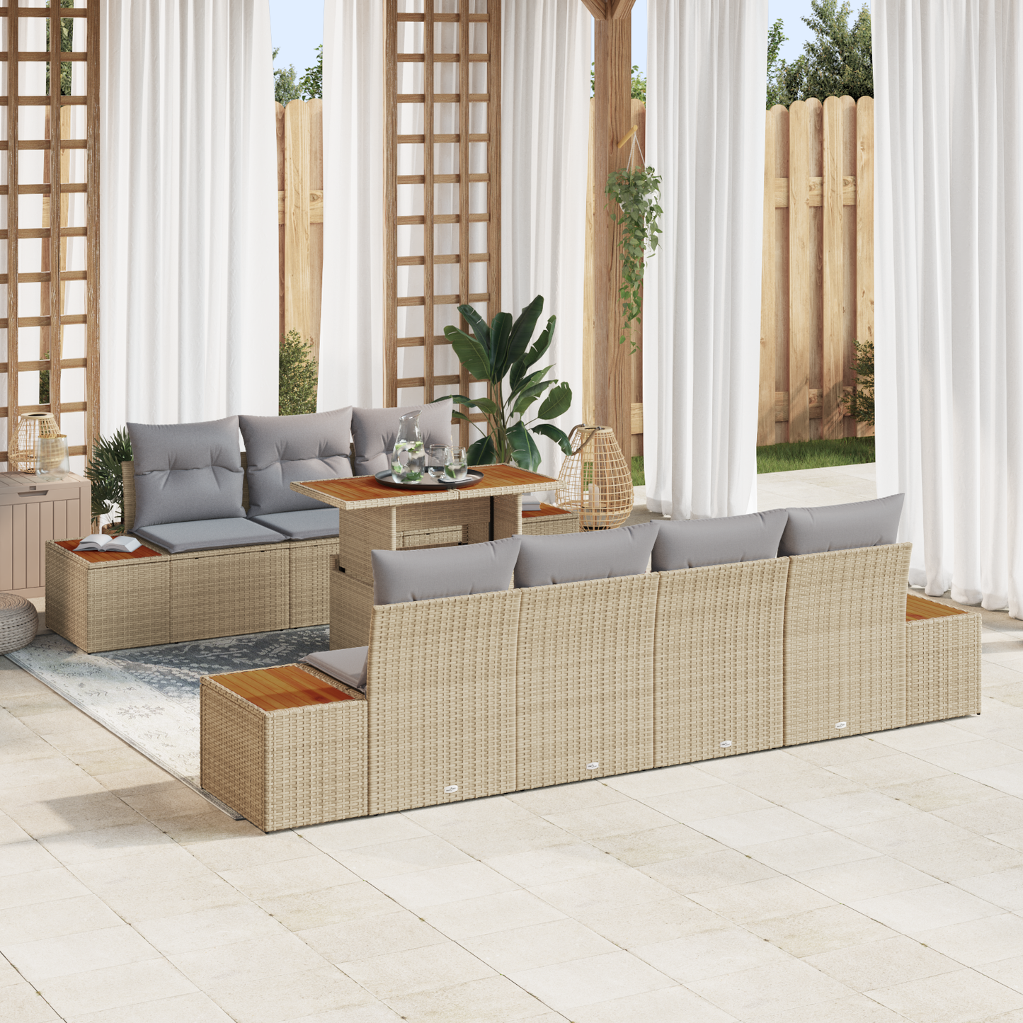 8 Dele Have Dining Sæt Med Puder Beige Poly Rattan Akacie