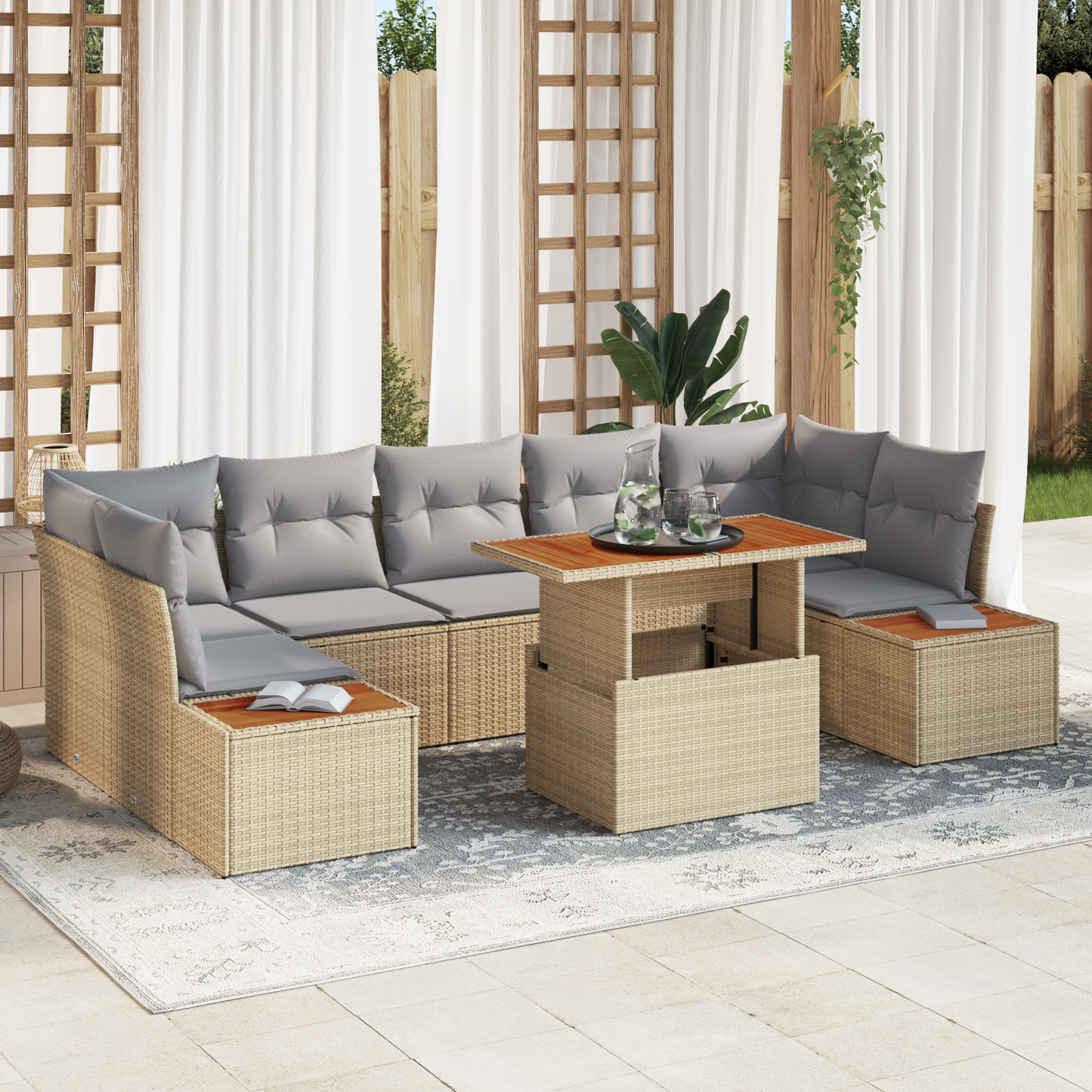 8 Delt Have Spise Sæt Med Puder Beige Poly Rattan Akacie