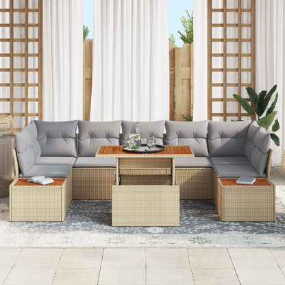 8 Delt Have Spise Sæt Med Puder Beige Poly Rattan Akacie