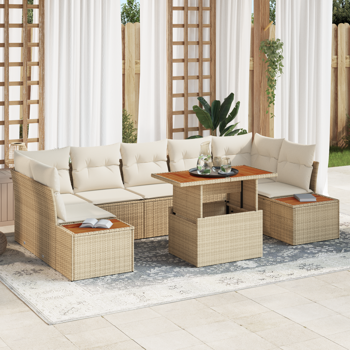 8 Delt Havemøbel-Sæt Med Hynder Beige Poly Rattan Akacie