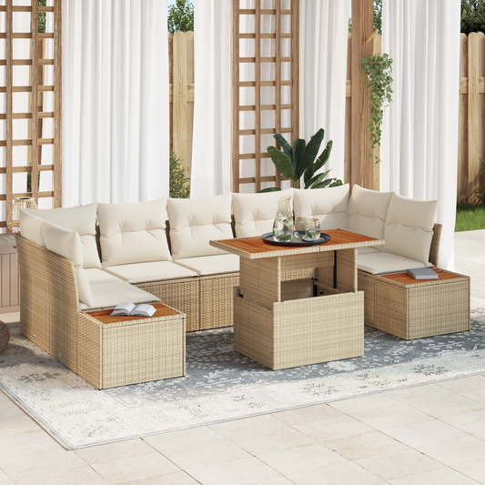 8 Delt Havemøbel-Sæt Med Hynder Beige Poly Rattan Akacie