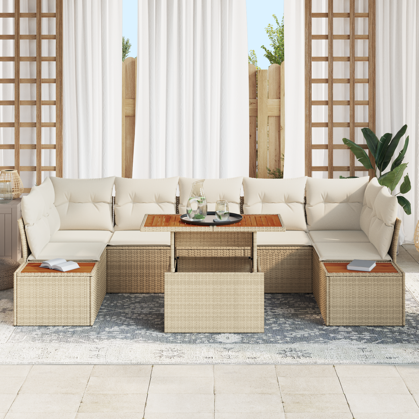 8 Delt Havemøbel-Sæt Med Hynder Beige Poly Rattan Akacie