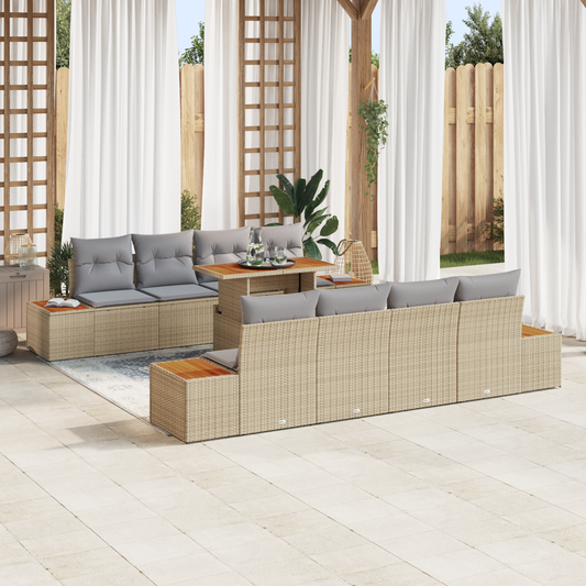9 Delt Have Spisesæt Med Puder Beige Poly Rattan Akacietræ