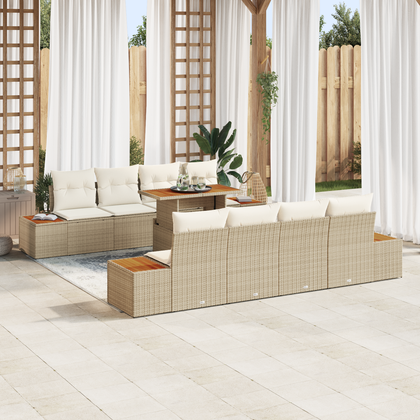 9 Delt Have Spisebord Sæt Med Puder Beige Poly Rattan Akacie