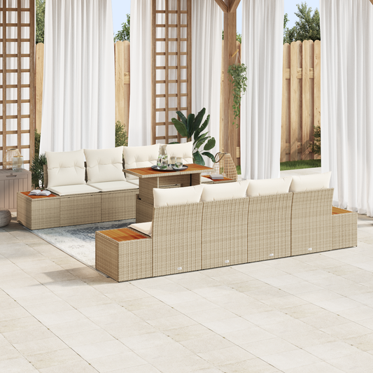 9 Delt Have Spisebord Sæt Med Puder Beige Poly Rattan Akacie