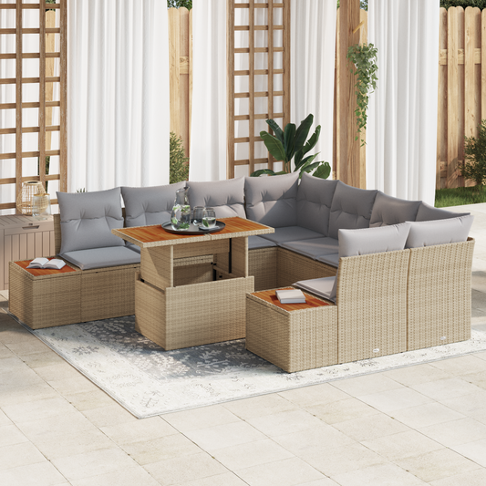 9-Delt Have Spisebords Sæt Med Puder Beige Poly Rattan Akacie
