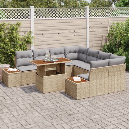 9-Delt Have Spisebords Sæt Med Puder Beige Poly Rattan Akacie