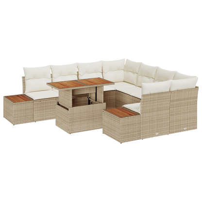 9 Dele Have Spisestel Med Puder Beige Poly Rattan Akacietræ