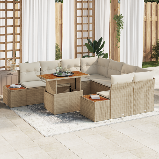 9 Dele Have Spisestel Med Puder Beige Poly Rattan Akacietræ