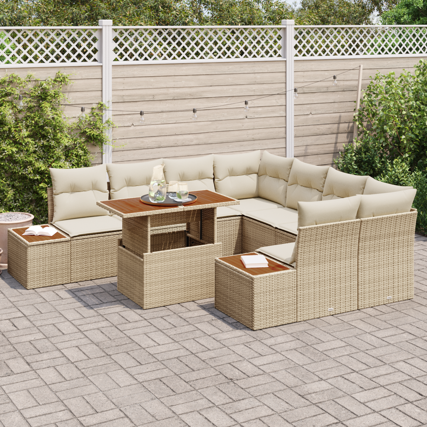 9 Dele Have Spisestel Med Puder Beige Poly Rattan Akacietræ