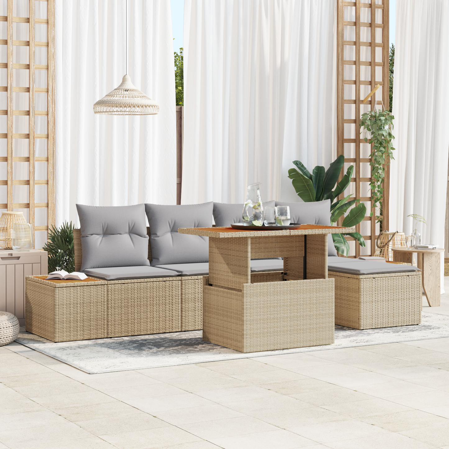 6 Stykker Have Spisesæt Med Puder Beige Poly Rattan Akacia