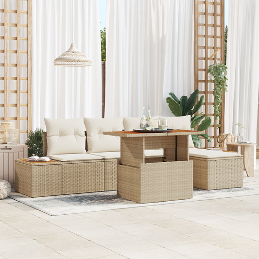 6-Delt Havemøbel Sæt Med Puder I Beige Poly Rattan Og Akacia