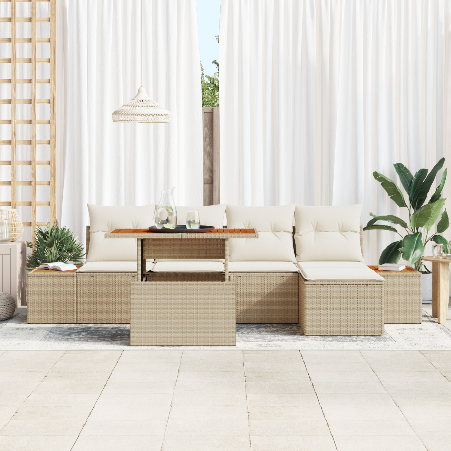 6-Delt Havemøbel Sæt Med Puder I Beige Poly Rattan Og Akacia