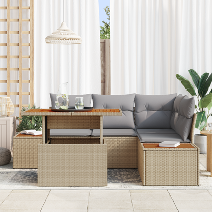 5-Delt Have Spisebord Sæt Med Puder Beige Poly Rattan Akacietræ