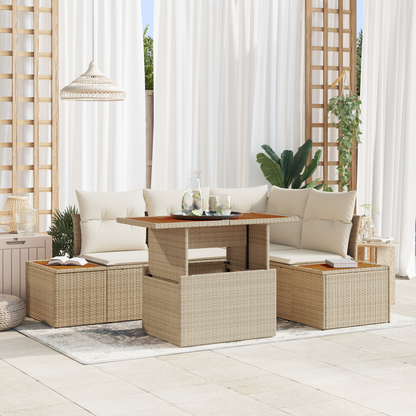 5-Delt Have Spisebord Sæt Med Puder Beige Poly Rattan Akacietræ