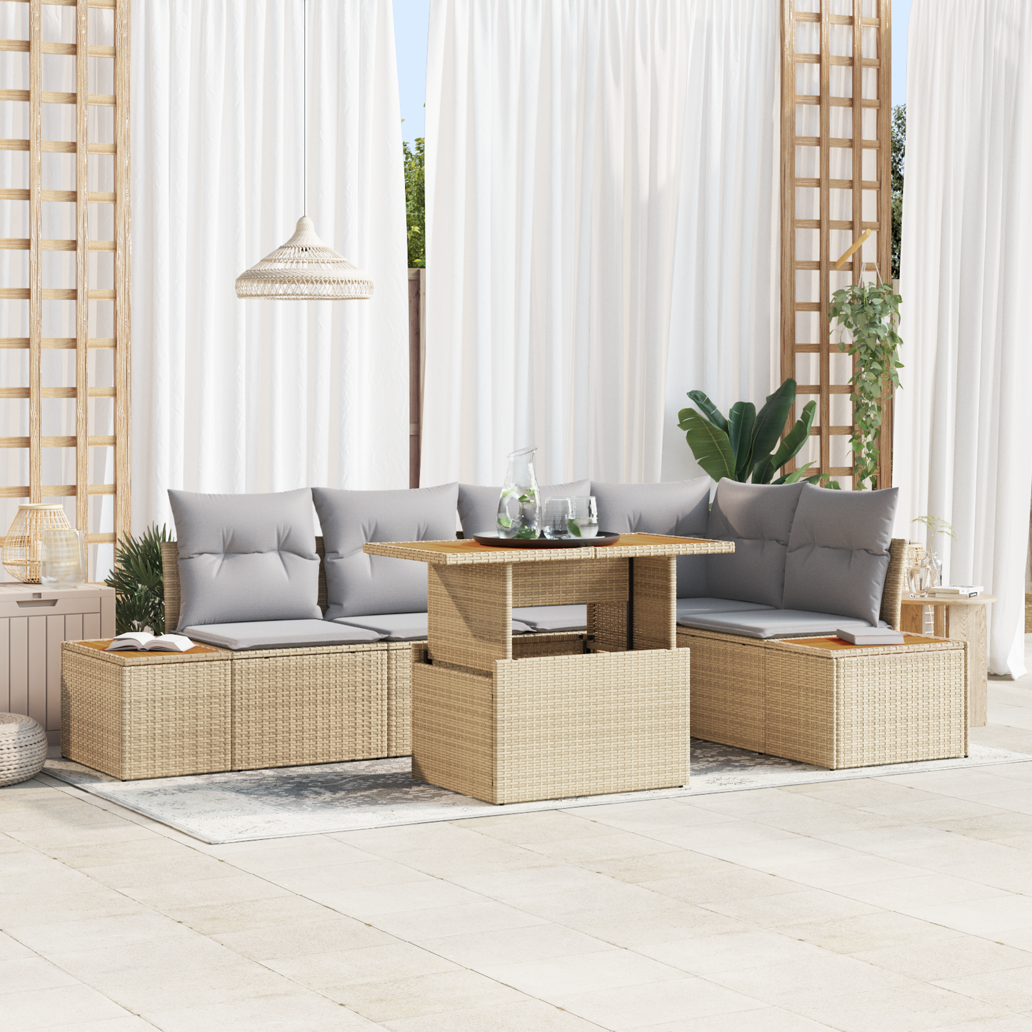 6 Delers Have Spisestueset Med Puder Beige Poly Rattan Akacietræ