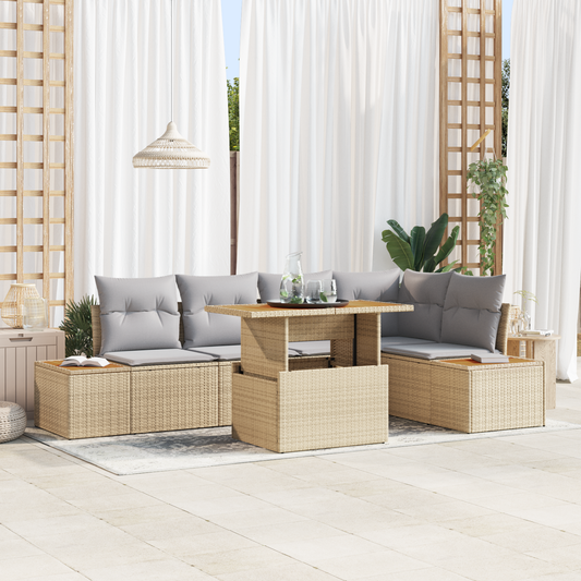 6 Delers Have Spisestueset Med Puder Beige Poly Rattan Akacietræ