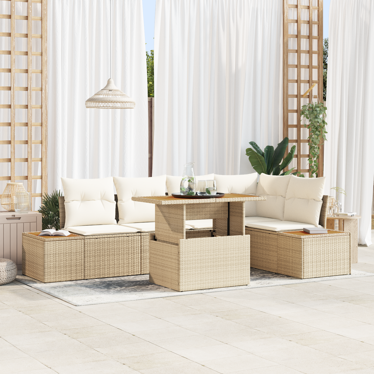 6 Dels Havemøbel-Sæt Med Puder Beige Poly Rattan Akacie