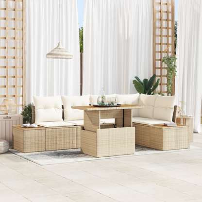 6 Dels Havemøbel-Sæt Med Puder Beige Poly Rattan Akacie