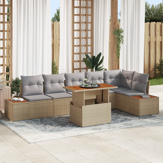 7-Delt Have Spisebord Sæt Med Puder Beige Poly Rattan Akacie