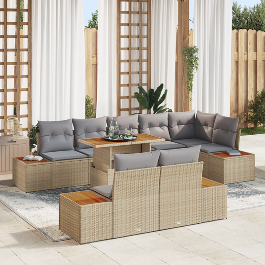 9-Delt Have Spisesæt Med Puder Beige Poly Rattan Akacie