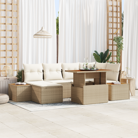 7-Delt Have Spisestuesæt Med Puder Beige Poly Rattan Akacie