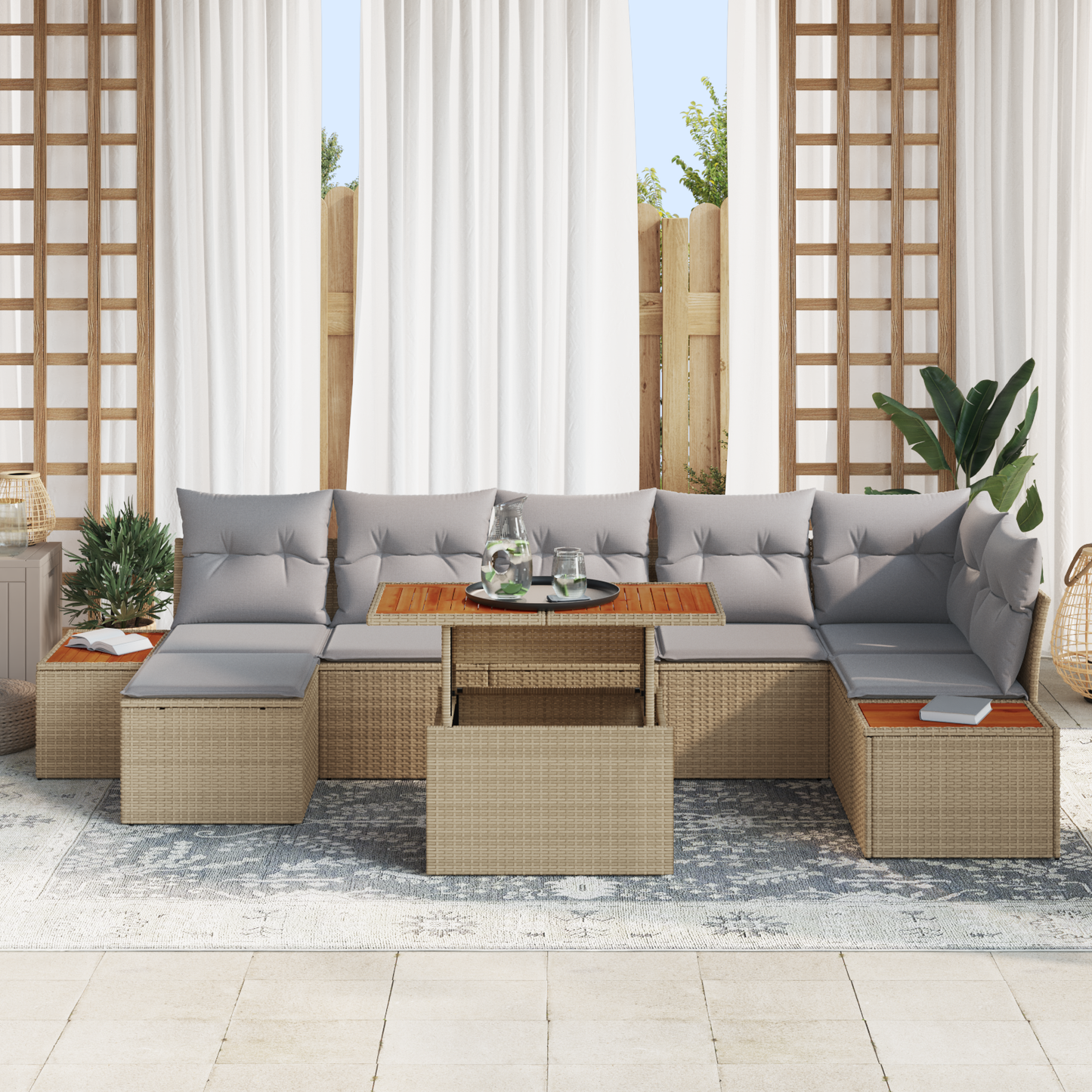 8 Delers Have Spisebordssæt Med Puder Beige Poly Rattan Akacietræ