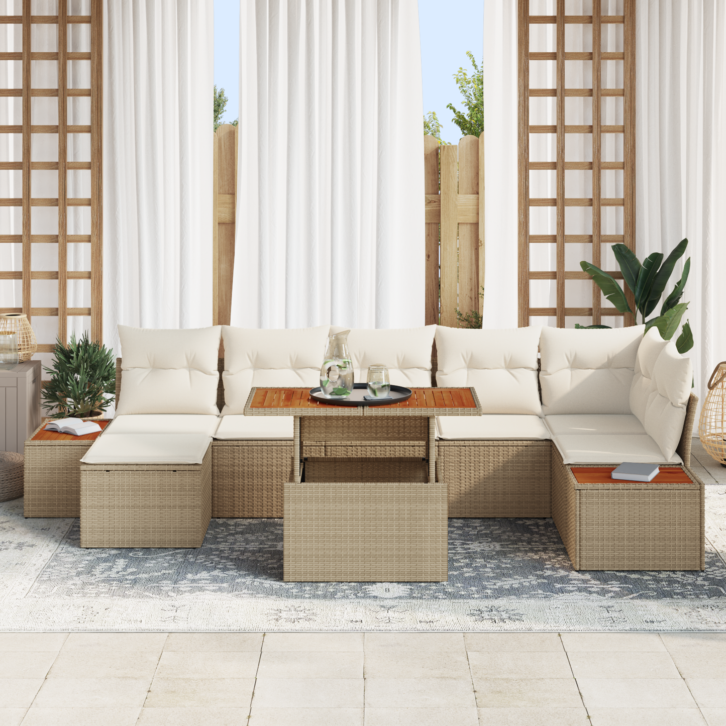 8 Delers Have Spisesæt Med Puder Beige Poly Rattan Akacie