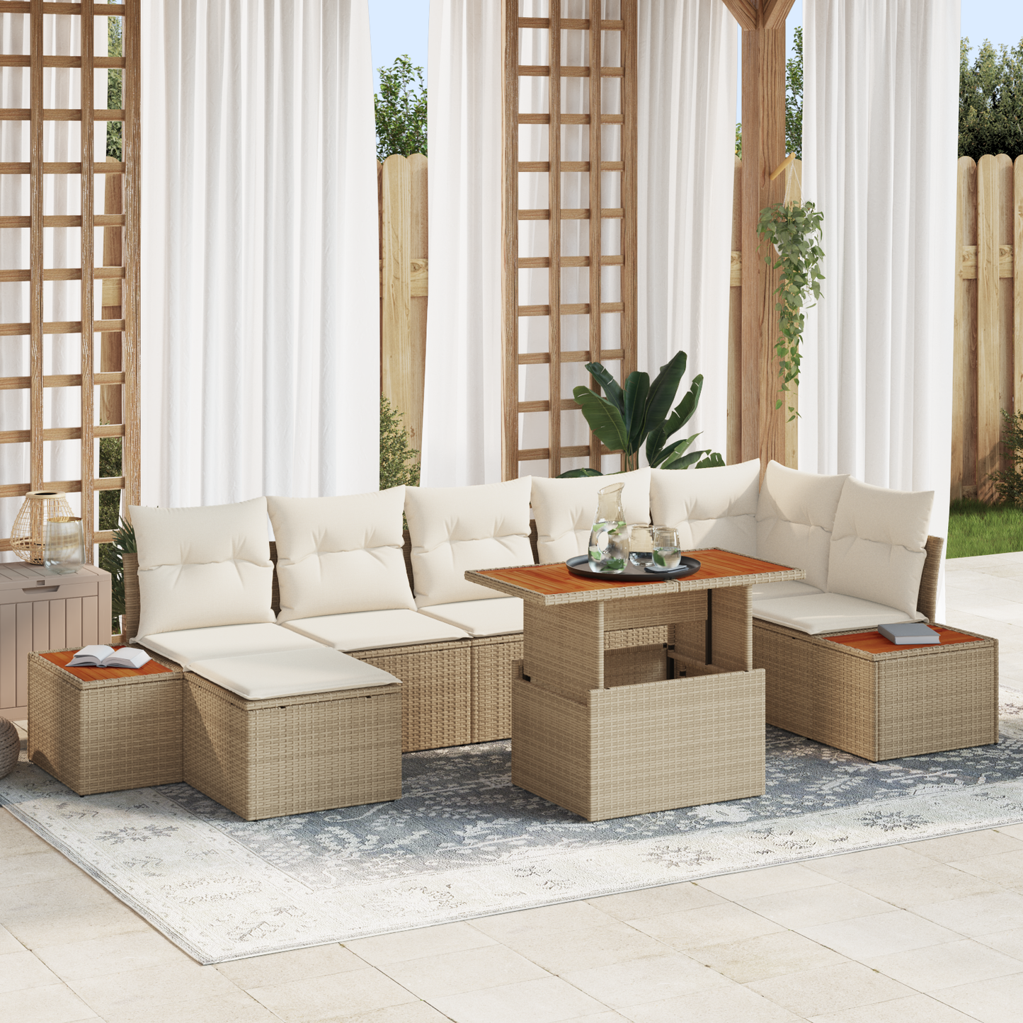 8 Delers Have Spisesæt Med Puder Beige Poly Rattan Akacie