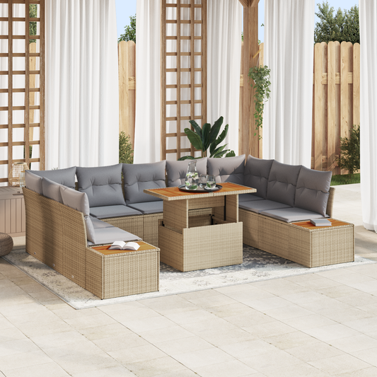 10 Delers Have Spisesæt Med Puder Beige Poly Rattan Akacie