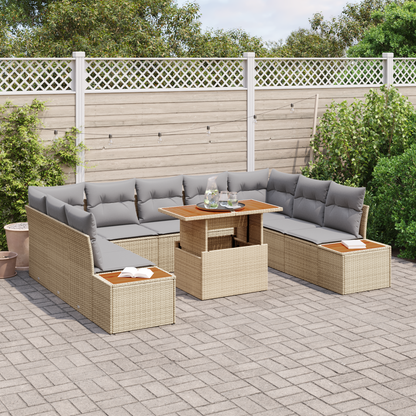 10 Delers Have Spisesæt Med Puder Beige Poly Rattan Akacie