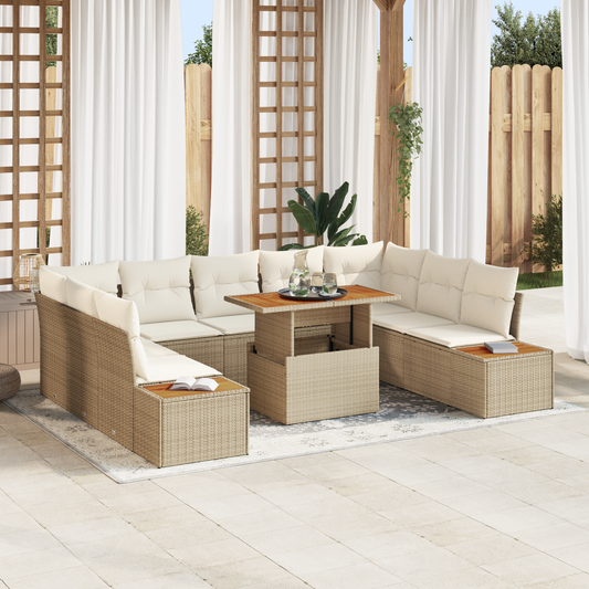 10 Pieces Have Spisebord Sætl Med Puder Beigefarvet Poly Rattan Akacie