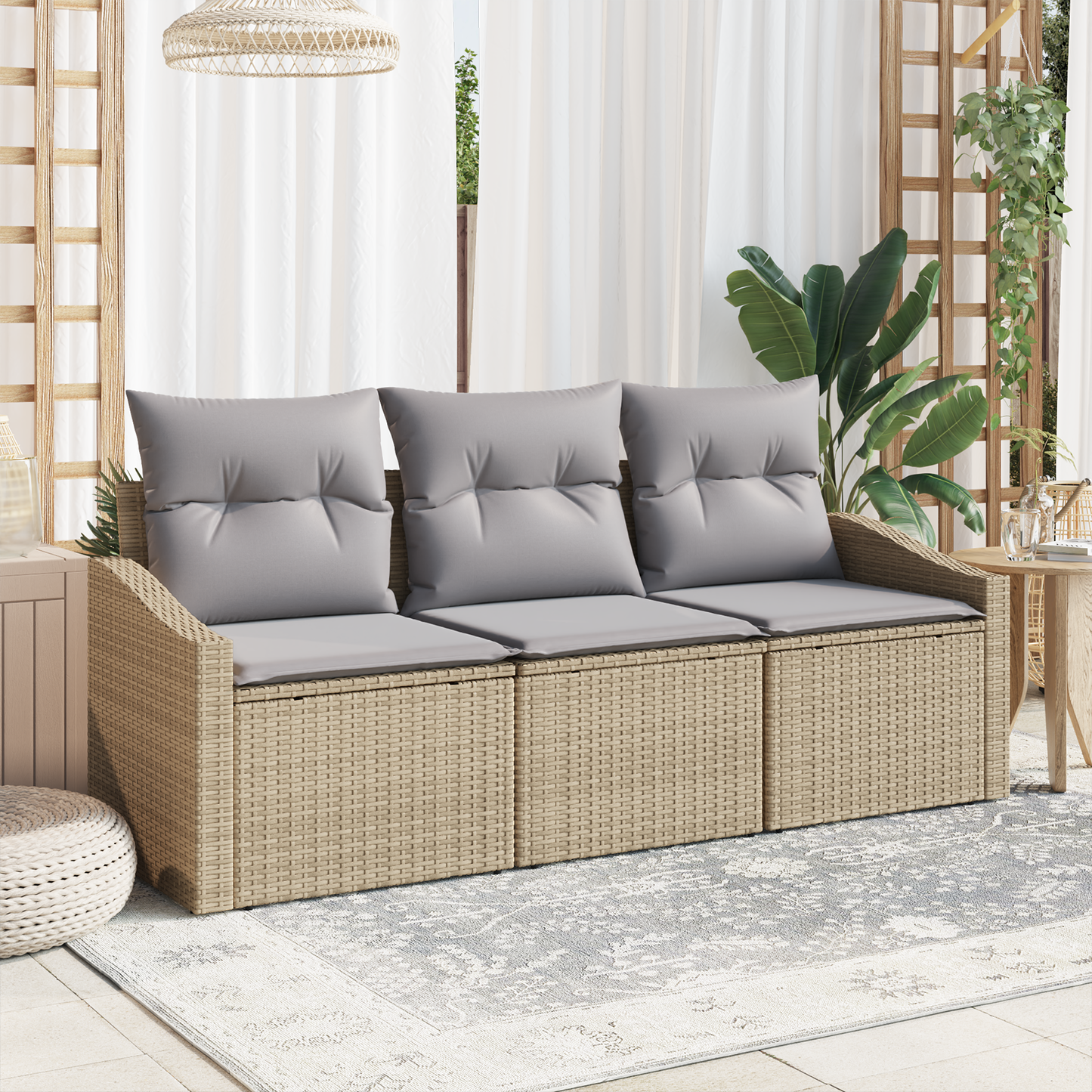 3-Delt Have Spisestue Sæt Med Puder Beige Poly Rattan