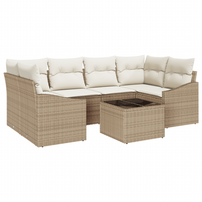 7 Delers Have Spisestue Sæt Med Puder Beige Poly Rattan