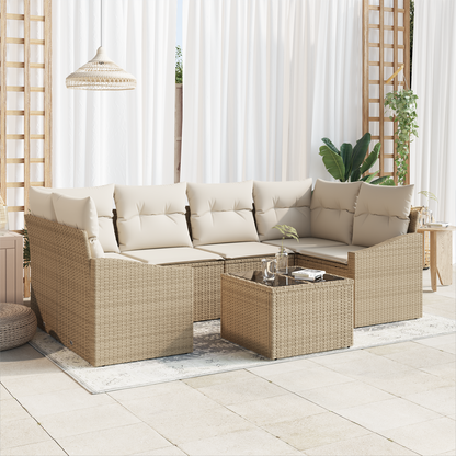 7 Delers Have Spisestue Sæt Med Puder Beige Poly Rattan
